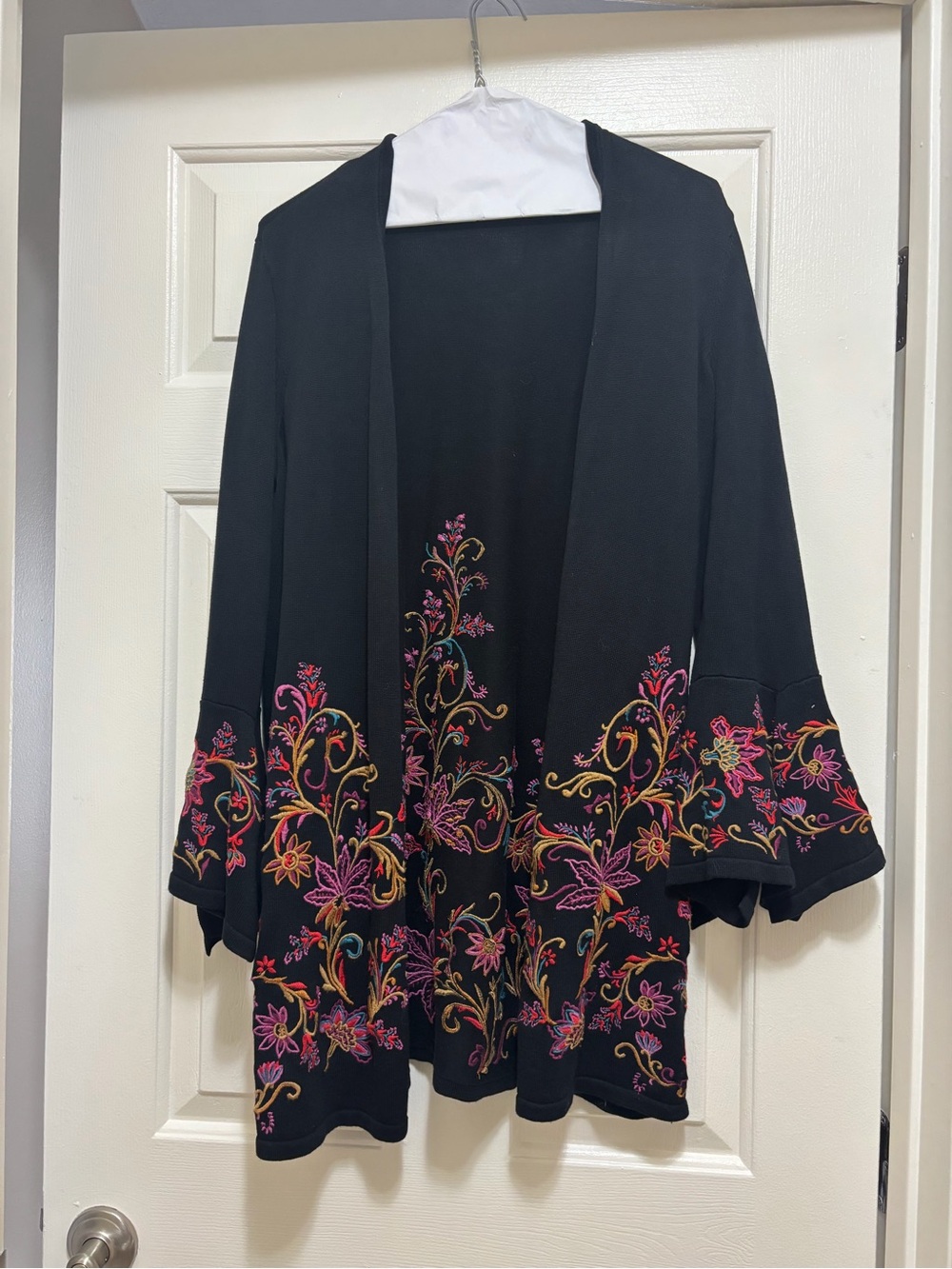 Chico's Black Open-Front Sweater Cardigan with Pink and Gold Floral Embroidery